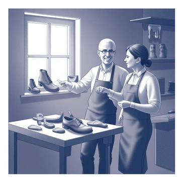 A shoemaker and his wife are standing in a dimly lit workshop at dawn. The room is filled with various tools of their trade, including a wooden workbench and leather scraps scattered around. Sunlight is gently filtering through a small window, illuminating a display of beautifully crafted shoes on a shelf. The shoes feature intricate designs and fine stitching, showcasing the couple's craftsmanship. The shoemaker, a middle-aged man with a focused expression, is pointing at one particular shoe, while his wife, a woman with a look of delight, stands beside him, admiring their work together.