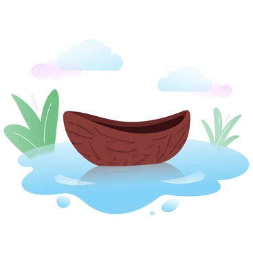 A small boat made from a coconut shell is floating gently on a calm pond. The coconut shell boat is detailed, with the textured surface of the shell clearly visible. Surrounding the pond are lush green plants and soft grasses. The water of the pond reflects a gradient of pastel colors, creating a serene atmosphere. Wispy clouds float above, casting soft shadows on the surface of the water.