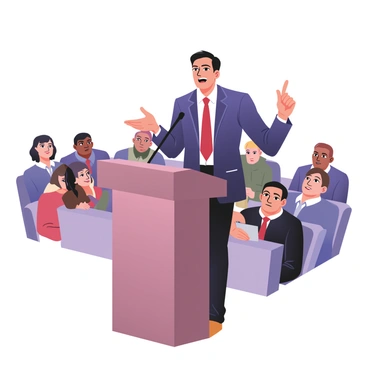 A politician standing at a podium, passionately speaking to an audience. The politician is wearing a tailored navy suit, with a white shirt and a red tie. Their facial expression conveys determination and enthusiasm as they gesture with one hand. The podium has a small flag of the country on it, and a microphone is positioned in front of them. The audience is visible in the background, showing a diverse group of people who are attentively listening. Some individuals are nodding in agreement while others are taking notes.