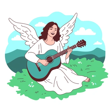 A vintage angel with flowing white robes is sitting on a grassy hillside, strumming a teal guitar gently. The angel has delicate, feathered wings that are slightly spread, catching the light. The hillside is covered with vibrant green grass, dotted with small white flowers. In the background, there are soft, rolling hills that fade into a blue sky, where fluffy white clouds are scattered above. The angel's serene expression reflects joy as they play the guitar, surrounded by the natural beauty of the landscape.