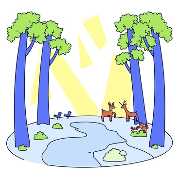 A woodland scene with tall, slender trees displaying vibrant green leaves. Sunlight streams through the branches, casting distinct rays that illuminate patches of the forest floor. The ground is covered with soft moss and scattered leaves. A small, clear stream flows gently through the scene, reflecting the light. Small woodland creatures, like a curious deer and a few birds, are present in the background, adding life to the tranquil setting.