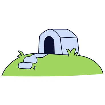 An empty tomb made of stone sits atop a grassy hill. The tomb has an arched entrance, with the stone slightly weathered. Surrounding the tomb is lush green grass that bends gently in the breeze. The sky above is clear, allowing soft sunlight to illuminate the scene.