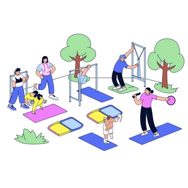 A park scene with several outdoor exercise equipment stations. There are four individuals engaged in circuit training. One person is doing push-ups on a bar, another is using a pull-up bar, a third is performing squats on a platform, and the last individual is stretching on a mat. The area is surrounded by trees and grass, and there are colorful exercise markers on the ground indicating different training zones. Each person is wearing sporty attire, and the sunlight casts soft shadows on the ground.