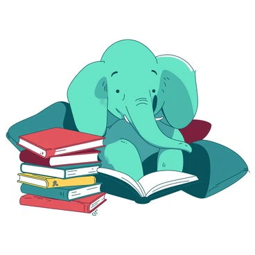 A teal elephant named "Babar" is sitting comfortably in a cozy reading nook. He is surrounded by large, soft cushions in various shapes and sizes, creating a welcoming atmosphere. There are stacks of colorful books piled around him, some open and others closed, showcasing a variety of covers. The nook is softly lit, and a gentle glow highlights Babar's relaxed expression as he enjoys his reading time.
