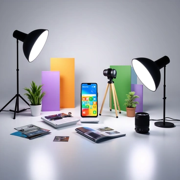 A Samsung smartphone is placed prominently on a sleek, reflective surface. The phone's screen is illuminated, displaying vibrant app icons. Surrounding the phone are various photography props, including a tripod, a camera lens, and colorful backdrops. Softbox lights create a well-lit area, casting gentle shadows. There are also a few artful elements, such as a small potted plant and a stack of photography magazines, adding texture and interest to the scene. The overall composition is organized and visually appealing, emphasizing the smartphone as the focal point.
