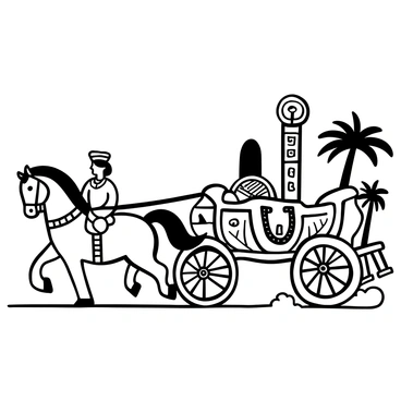 Cleopatra sitting elegantly in an ornate chariot, with intricate carvings and decorations adorning its surface. The chariot is being pulled by two majestic horses with powerful, muscular bodies, their manes flowing as they gallop. The scene is set against a backdrop of tall palm trees and towering ancient monuments. Cleopatra is dressed in a flowing gown, embellished with intricate patterns, with a regal headdress that signifies her status. The ground is depicted with dust rising from the hooves of the horses as they speed forward.