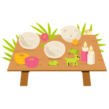 A wooden table holds an assortment of handcrafts made from coconuts. There are coconut shell bowls, intricately carved with floral patterns. Next to them, there are small coconut figurines shaped like animals, each featuring detailed expressions. A few vibrant coconut fiber baskets are scattered around, showcasing their woven texture. Nearby, a set of coconut candles, with soft glowing flames, adds warmth to the display. The table is adorned with green palm leaves, enhancing the tropical theme of the handcrafted items.