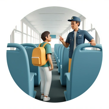 A bus driver, wearing a navy blue uniform and a matching cap, is leaning slightly forward with a friendly smile. They are pointing towards an empty seat near the front of the bus. A younger student, dressed in a bright yellow backpack and a green shirt, looks up at the driver with a curious expression. The bus interior is filled with rows of blue seats, and the sunlight streams in through the large windows, illuminating the scene. The atmosphere feels warm and welcoming as the student takes a step towards the designated seat.