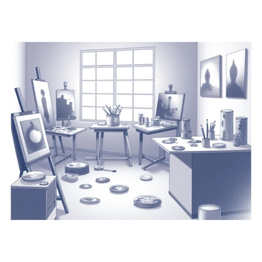 An artist's studio filled with various objects in disarray. The floor is strewn with paintbrushes of different sizes, some with frayed bristles. Several canvases are stacked against the walls, while others are propped up on easels, displaying intricate designs. Tables are covered with palettes smeared with paint, and jars of brushes stand precariously on the surface. The walls are adorned with finished artworks, showcasing a variety of subjects and styles, all rendered in black and white. A large window allows light to flood the space, illuminating the creative chaos within.
