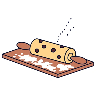 A piece of cookie dough is rolling off a wooden kitchen counter. The dough has a light brown color, with chocolate chips visible throughout. Flour dust is suspended in the air, creating a soft cloud around the area. The counter is sprinkled with additional flour, and a rolling pin lies nearby, resting on the surface.