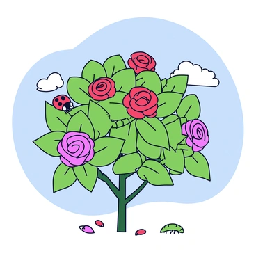 A rose bush with vibrant red and pink blossoms, covered in lush green leaves. The bush is inhabited by several insects, including bright red ladybugs with black spots resting on the leaves and small green caterpillars crawling along the stems. A few delicate petals are scattered on the ground beneath the bush. The background features a soft blue sky with a few fluffy clouds.