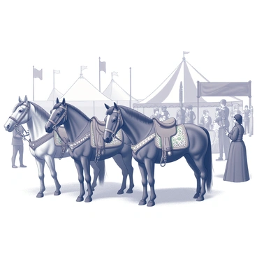 A group of horses adorned with intricate decorations. Each horse is wearing a distinct saddle and bridle, featuring vibrant patterns and embellishments. The scene is set at a medieval fair, with various tents and stalls in the background. People in period-appropriate clothing are gathered around, some admiring the horses while others are engaged in different activities. The atmosphere is bustling with excitement, as banners flutter in the breeze and the sounds of laughter and chatter fill the air. We can see a juggler performing nearby, adding to the lively atmosphere of the fair.