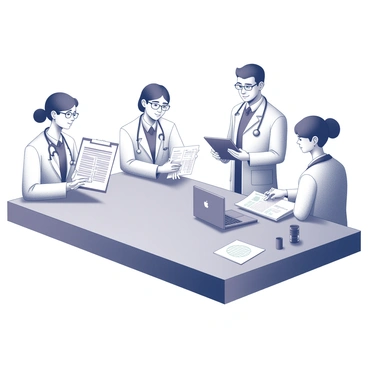 A group of four healthcare professionals gathered around a rectangular table. One doctor is holding a clipboard with blood test results, while another is leaning forward, examining the documents closely. A nurse is taking notes on a notepad with a focused expression, and a lab technician is pointing to a chart displayed on a laptop in front of them. The setting is a well-lit, professional environment, with various medical supplies subtly arranged on the table.