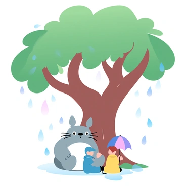 A friendly Totoro with fluffy gray fur is sitting under a giant tree with a thick trunk and expansive branches. The tree is lush with vibrant green leaves, creating a canopy that shields the Totoro and two children from the gentle rain. The children, a boy wearing a blue raincoat and a girl in a yellow raincoat, are sitting close to the Totoro, both holding colorful umbrellas. The rain falls softly around them, creating small puddles on the ground. The scene is filled with a sense of warmth and companionship.