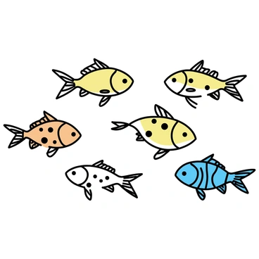 A detailed representation of a group of zebrafish swimming together. Each zebrafish displays a unique pattern and color, showcasing a range of hues including bright oranges, deep blues, vivid yellows, and striking greens. The zebrafish are arranged in a way that highlights their diversity, with some showing horizontal stripes and others featuring spots. The image captures the shimmering scales of each fish as they move gracefully through the water.
