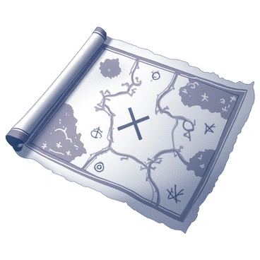 An old treasure map, displaying signs of wear and age. The map has frayed edges and creases, indicating it has been handled many times. Various routes are marked in intricate lines, leading to a prominent "X" symbol that signifies the treasure's location. Additionally, there are several cryptic symbols scattered across the map, each representing different landmarks, such as mountains, rivers, and forests. The overall appearance of the map suggests it holds secrets waiting to be uncovered.