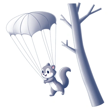 A cartoonish squirrel is descending from a tree. The squirrel has large, expressive eyes and fluffy fur. It is attached to a tiny parachute that is fully deployed above it, with the strings extending downward. The tree from which it is parachuting is tall and has a thick trunk, with several branches extending off to the sides. The background features additional trees, creating a dense woodland atmosphere. The scene captures the moment of excitement as the squirrel glides through the air, its limbs spread out and tail trailing behind.