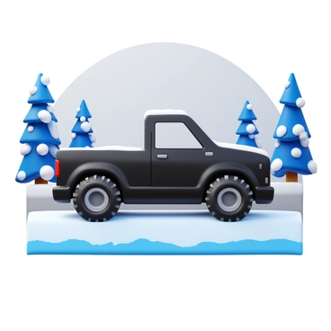 A black truck driving through a snowy landscape. The truck has large, rugged tires and is covered with a thin layer of snow. Snowflakes are gently falling around it, creating a soft white blanket on the ground. The scenery includes tall, snow-dusted trees lining the road and a gray sky overhead. The ground is covered in a thick layer of snow, and the truck leaves tire tracks behind as it navigates the winter terrain.