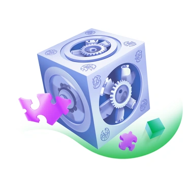 A complex mechanical puzzle cube with intricate gears and interlocking pieces. The cube has a metallic finish with various shades of silver and blue, reflecting light. As the cube is manipulated, it has components that visibly shift and rotate, creating a sense of movement. The surface of the cube features engraved patterns and symbols, adding to its detailed design. Surrounding the cube are small, scattered puzzle pieces that hint at the complexity of the challenge.