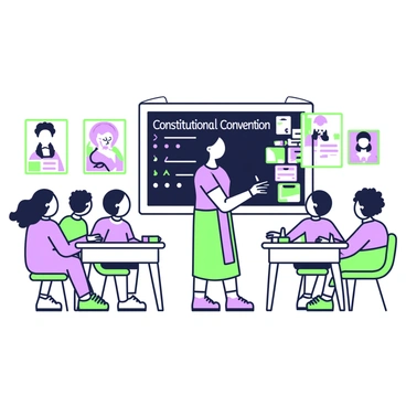 A classroom filled with children is engaged in learning about the "constitutional convention." The children are seated at desks arranged in a semicircle, attentively looking towards a large blackboard where key points about the "constitutional convention" are written in clear letters. In the center of the room, a teacher stands with a pointer, highlighting important information. Various educational posters related to the "constitutional convention" line the walls, depicting historical figures and events. On each desk, there are colorful notebooks and pencils scattered about, illustrating an active learning environment.