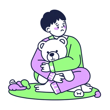 A child with short hair has tears in their eyes, holding a teddy bear close to their chest. The child is wearing a cozy pajama set, and their expression conveys a sense of sadness and vulnerability. The teddy bear is plush, with soft features and its arms wrapped around the child. They are sitting on a colorful rug, surrounded by a few scattered toys, emphasizing their need for comfort and companionship.