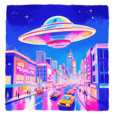 A classic flying saucer with a metallic surface is hovering above a neon-lit city skyline at night. The saucer has bright lights around its perimeter, glowing with vibrant colors. Below, the city is filled with tall skyscrapers adorned with neon signs in shades of pink, blue, and green. The streets are bustling with cars and pedestrians, illuminated by the colorful lights reflecting off the wet pavement. The sky is deep blue, with a few stars visible, adding to the atmosphere of the scene.