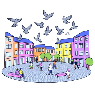 A flock of gray pigeons with iridescent neck feathers is taking off in unison. Their wings are spread wide, showing intricate feather details as they rise into the sky. Below them is a bustling city square, filled with cobblestone pavement. There are a few small trees around the square, and people can be seen walking, sitting on benches, and looking up at the pigeons. The buildings surrounding the square are painted in various shades and have large windows reflecting the sunlight.