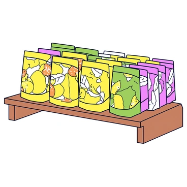 An assortment of yuzu-flavored tea bags with vibrant packaging. Each tea bag is uniquely designed, featuring bright colors such as yellow, green, and orange. The packaging includes illustrations of yuzu fruits and leaves. The tea bags are neatly arranged on a wooden shelf that has a simple, natural finish, adding to the overall presentation. The shelf is filled with a variety of tea flavors, with the yuzu tea bags prominently featured in the center.