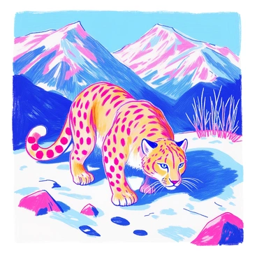 A snow leopard with thick, spotted fur is crouched low on a snowy mountain slope. Its piercing blue eyes are focused intently on a distant target. The snow beneath its paws is disturbed, revealing subtle tracks from its movements. In the background, rugged mountain peaks rise sharply, partially covered in patches of snow. A few scattered rocks break the white landscape, adding texture to the scene. The atmosphere is quiet, emphasizing the stealthy nature of the snow leopard as it prepares to pounce.