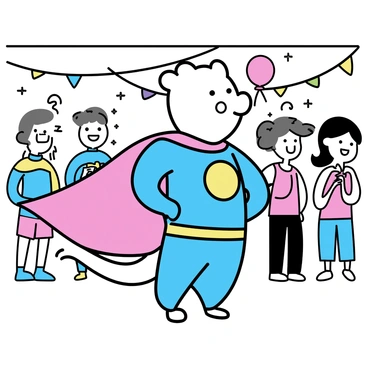 A wombat, wearing a bright blue superhero costume with a large yellow emblem on its chest, stands in the center of a lively costume party. The wombat has a red cape flowing behind it, adding a dynamic touch to its appearance. Around the wombat, colorful decorations hang from the ceiling, including balloons and streamers. Other party attendees, dressed in various costumes, can be seen in the background, creating an energetic atmosphere. The room is filled with cheerful expressions and lively interactions, highlighting the festive spirit of the gathering.