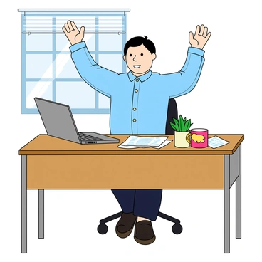An office worker with light skin and short black hair is sitting at a wooden desk cluttered with paperwork and a laptop. They are wearing a blue button-up shirt and black trousers. The worker is performing arm circles, raising their arms out to the sides with a focused expression. A colorful coffee mug sits on the desk next to a small potted succulent. A large window in the background lets in natural light, illuminating the workspace. The scene captures a moment of movement amidst the stationary office environment.