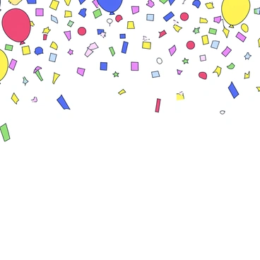 A cascade of colorful confetti is showering down from above. The confetti features a variety of shapes, including circles, squares, and stars, in vibrant hues such as red, blue, yellow, and green. The background is filled with simple decorative elements such as balloons and streamers, all contributing to a festive atmosphere. The scene captures the excitement of celebration, with the confetti creating a lively ambiance as it falls gracefully.