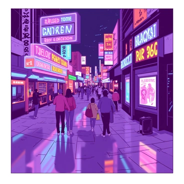 A vibrant city street at night is filled with various neon signs illuminating the surroundings. The signs display bright messages in a mix of shapes and colors, casting a warm glow over the bustling street. People are walking along the sidewalk, some stopping to take pictures of the vibrant displays. In the foreground, a couple stands admiring the colorful lights, while a street performer plays music nearby. Reflections of the neon lights shimmer on the wet pavement, enhancing the lively atmosphere of the night.