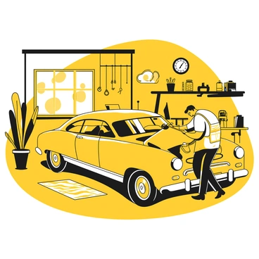 A mechanic wearing a work apron is focused on repairing a classic vintage car with sleek curves and a shiny body. The garage is well-organized, with tools hanging neatly on the walls, a workbench covered with various instruments, and shelves stocked with spare parts. Sunlight filters through the windows, illuminating the mechanic as he examines the car's engine. The floor is tidy, with a patterned rug in the center, and a vintage clock is visible on the wall, adding to the nostalgic atmosphere.