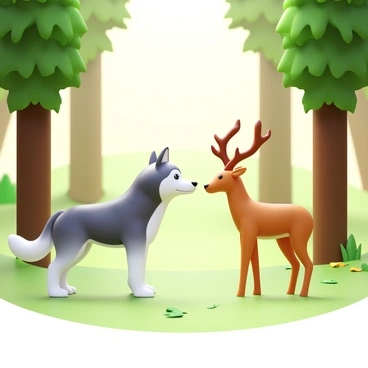 A husky with thick fur in shades of gray and white stands alert, facing a graceful deer with a light brown coat. Both animals make eye contact, showing curiosity and calmness. The setting is a peaceful forest featuring tall, green trees with sunlight filtering through the leaves. The ground is covered in soft, green grass and patches of fallen leaves, enhancing the tranquil atmosphere. The husky’s ears are perked up, while the deer has its head slightly lowered, creating a moment of connection between the two animals.
