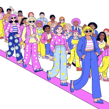 A vibrant fashion show featuring models walking down a runway. Each model is wearing bell-bottom pants adorned with various colorful patterns like polka dots, stripes, and floral designs. The models have wide-collared shirts or crop tops that complement their attire. Some models wear oversized sunglasses and platform shoes, embodying the 1970s style. The background is filled with enthusiastic audience members clapping and taking photos, all capturing the lively atmosphere of the event.
