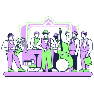 A jazz band is performing on a stage during the roaring twenties. The band consists of five musicians: a trumpet player wearing a bow tie, a saxophonist with a fedora, a pianist with a vest, a double bass player, and a drummer with a shiny snare drum. The trumpet player stands at the front, while the saxophonist is slightly behind him, swaying to the music. The pianist is focused on the keys, and the double bass player is plucking the strings. The drummer keeps a steady beat. The stage has elegant decorations, and a crowd of elegantly dressed people is enjoying the performance. Some audience members are clapping, while others are swaying to the rhythm of the lively music.