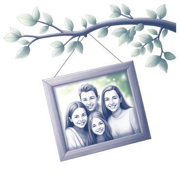 A wooden photo frame hanging from a sturdy tree branch. The frame contains a family portrait, showcasing a group of four people smiling together in a natural outdoor setting. The background includes green leaves and soft sunlight filtering through the branches. The scene captures the essence of a joyful family moment, with the frame gently swaying in the breeze.