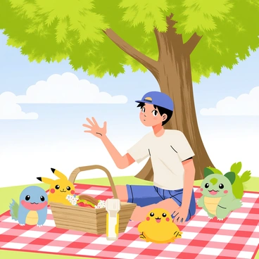 A trainer sitting on a red and white checkered picnic blanket under a large green tree. The trainer has short brown hair and is wearing a blue cap, a white t-shirt, and denim shorts. Surrounding the trainer are various Pokémon friends, including a yellow Pikachu with rosy cheeks, a blue Squirtle, and a green Bulbasaur. The picnic basket is open, revealing sandwiches, fruit, and a bottle of lemonade. Sunlight filters through the leaves, casting dappled shadows on the blanket. In the background, the sky is clear and blue with a few fluffy white clouds.