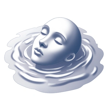 A face emerges from the surface of rippling water. The features are distorted by the undulating waves, creating an abstract reflection that captures the essence of the visage. The water's movement creates a mesmerizing pattern, showcasing an interplay of shapes and forms that mimic the original attributes of the face. Soft, flowing lines and gentle curves highlight the characteristics, adding to the beauty of the reflection. The surrounding water is still, allowing the ripples to dominate the scene, emphasizing the transformation of the face into this captivating mirrored image.