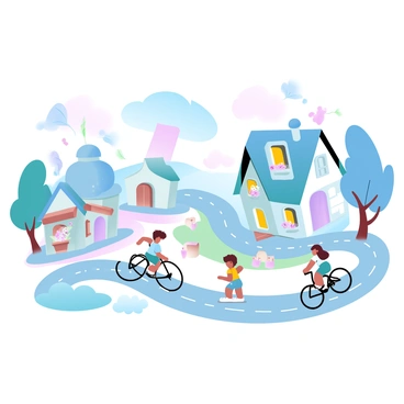 A village with unique, quirky houses in various shapes and sizes is depicted. The houses feature bright, pastel-colored exteriors with whimsical designs, such as a house shaped like a teapot and another resembling a mushroom. Lively streets wind through the village, lined with cobblestones and playful trees. Children are playing in the streets, riding bicycles and flying kites. Small animals, such as dogs and birds, are seen interacting with the villagers. Colorful flowers bloom in window boxes, enhancing the vibrant atmosphere of the scene.