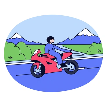 A sports bike with a sleek design and a shiny red color is being ridden by a lone rider. The rider is wearing a black helmet and full protective gear. The open highway stretches straight ahead, flanked by green grass on either side. In the distance, there are majestic mountains with sharp peaks and a clear blue sky above. The highway appears empty, emphasizing the speed of the bike as it zooms forward.