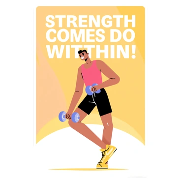 A person performing renegade rows is depicted in a dynamic pose, with one hand on a blue dumbbell and the other arm extended towards the ground. The person has a determined expression, wearing a red tank top and black workout shorts. The background features a light gradient transitioning from orange to yellow, enhancing the energetic atmosphere. Above the person, the words "Strength comes from within" are displayed in bold, white lettering, creating a strong focal point. The poster includes a subtle frame in dark blue to emphasize the motivational message.