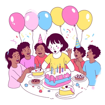 A young girl with short brown hair is "blowing out candles on a cake" at a "lively birthday party." The cake is colorful, with vibrant frosting and multiple "colorful candles" lit on top. Surrounding her are "several excited friends" cheering and clapping. "Colorful balloons" are floating above the party, and "streamers" decorate the space around them. The table is filled with "party hats" and plates with treats, enhancing the cheerful atmosphere.