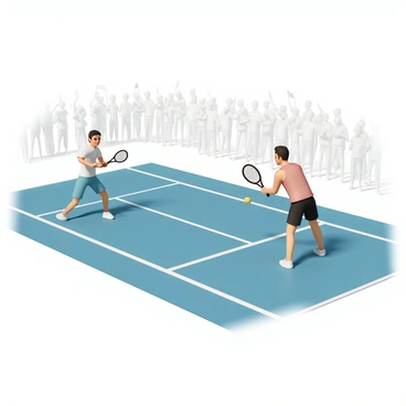 A tennis court with a bright blue surface, marked with white lines. Two players are engaged in an intense match; one player, wearing a white shirt and blue shorts, is mid-swing as they hit a yellow tennis ball with their racket. The opposing player, dressed in a red tank top and black shorts, is positioned to receive the ball, with a focused expression. Surrounding the court, a large crowd of spectators is standing, some waving flags and holding drinks. The sky is clear with bright sunshine illuminating the scene, casting shadows on the court and highlighting the players' movements.