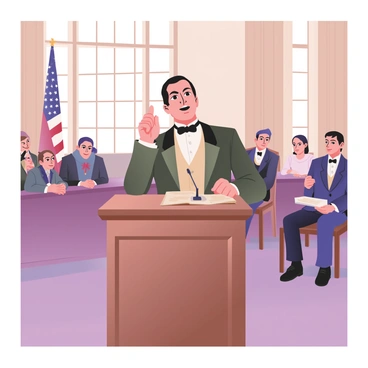 A digital flat illustration depicting "Sam Houston" standing confidently at a wooden podium in a historic courthouse. He has short, dark hair and is dressed in a formal 19th-century suit, featuring a waistcoat, white shirt, and a bow tie. The background showcases classical architectural elements, including tall columns and large windows that allow natural light to pour into the room. Various spectators, dressed in period-appropriate attire, are seated in the audience, attentively listening. An American flag is visible to the side, and legal documents are spread out on the podium in front of him as he gestures with one hand, emphasizing his points passionately.