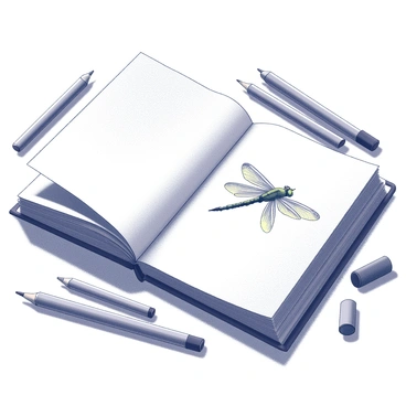 An open sketchbook lies on a wooden table, its pages slightly ruffled. The sketchbook contains a detailed drawing of a firefly, showcasing its luminous body and delicate wings mid-sketch. Surrounding the sketchbook are various illustration tools, including a set of graphite pencils, erasers, and fine-tipped ink pens neatly arranged. The scene captures an atmosphere of creativity, with the tools appearing ready for further artistic exploration.
