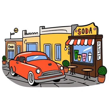 A classic car in bright red color parked on a cobblestone street lined with quaint old buildings. The car has shiny chrome details and whitewall tires, reflecting the sunny day. Nearby, there is an old-fashioned soda fountain with a striped awning, showcasing colorful drinks and a menu on the window. The street is adorned with flower pots and small café tables, creating a charming small-town atmosphere.