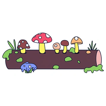 A diverse array of fungi growing on a fallen log. The log is dark brown and covered in green moss, indicating dampness. Various mushrooms of different shapes and colors sprout from the log, including some with bright red caps and white spots, and others with pale yellow and brown hues. The background features soft shadows, suggesting a shaded bog environment, with hints of tall grass and small plants surrounding the log.