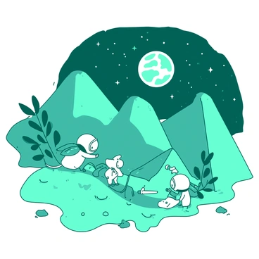 A teal landscape on the moon is made entirely of cheese, with large, textured cheese mountains and rolling hills. In the foreground, a group of small white mice explorers is wearing tiny space helmets and carrying miniature backpacks. One mouse is climbing a cheese hill, while another is adjusting a small telescope that is pointed towards the starry sky. Scattered around the scene are pieces of cheese with different shapes and sizes, adding variety to the lunar terrain. The sky above is filled with distant stars and a prominent Earth visible in the background.